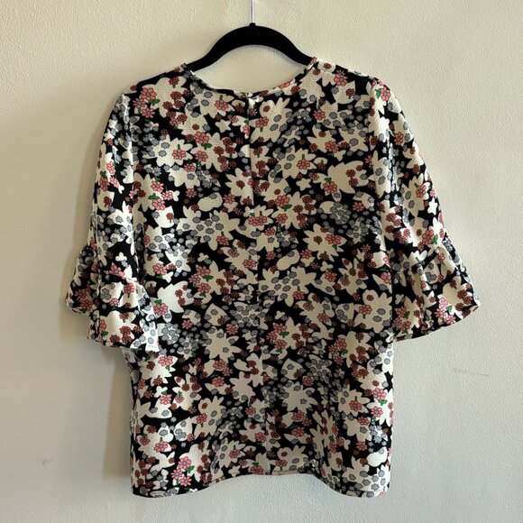 Essentiel Antwerp Haut Rock n Roll Floral Top Size 4 Black Pink Ruffle Cuffs - Picture 4 of 4
